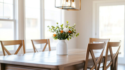 beautifully arranged dining table with vase of fresh flowers, surrounded by wooden chairs and bright natural light streaming through large windows, creates warm and inviting atmosphere