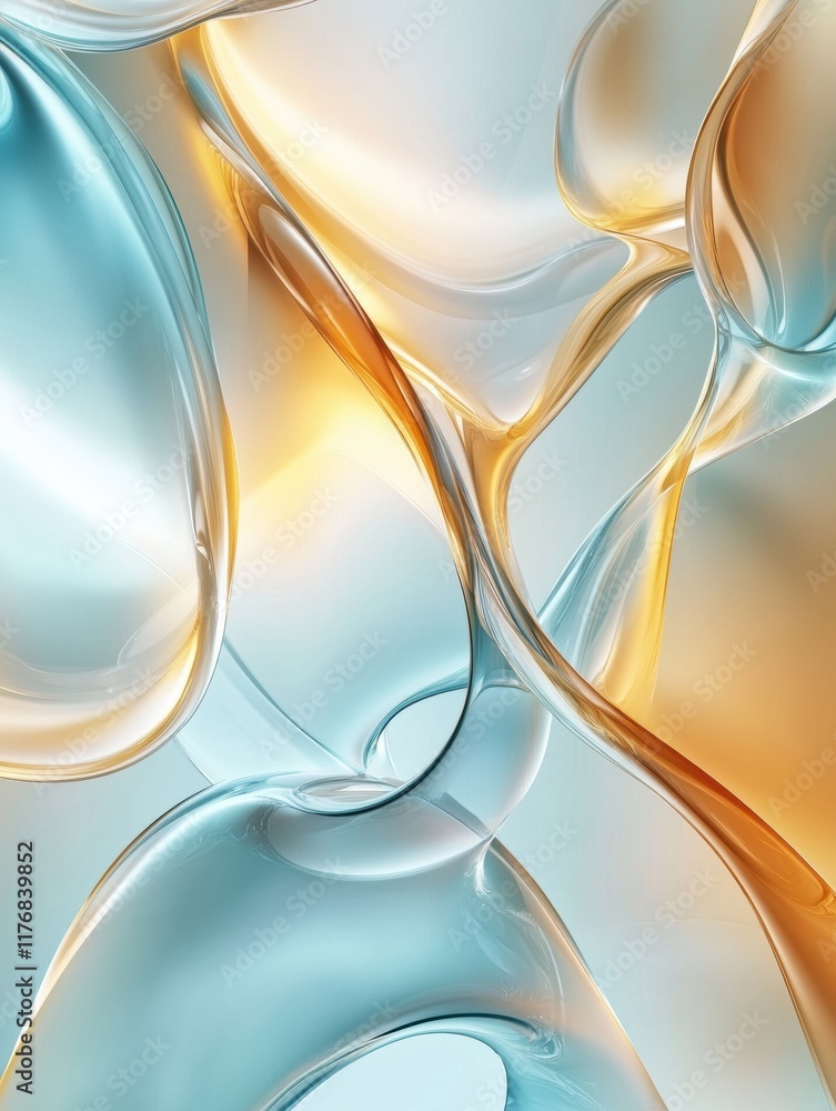 Poster Abstract organic shapes create a mesmerizing flow of translucent water droplets in glowing hues of blue and orange. Generative AI