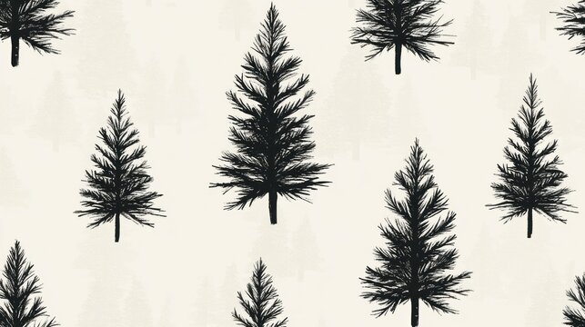 Fototapeta Seamless pattern of black silhouette evergreen trees on beige textured background.