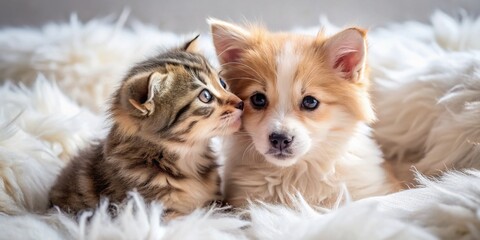 Adorable Puppy and Kitten Best Friends Cuddling on a Bed - Macro Photography