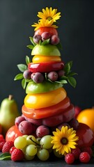 Colorful fruit tower with strawberries, grapes, and various sliced fruits garnished with mint leaves