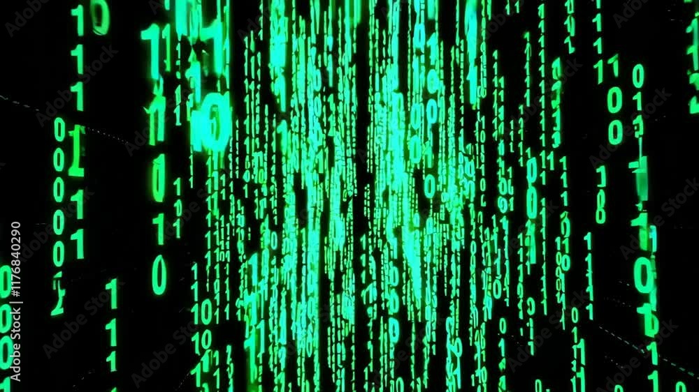 Poster Digital matrix rain effect with glowing green binary code falling on black background. Abstract technology concept animation for cyber security, programming and data visualization