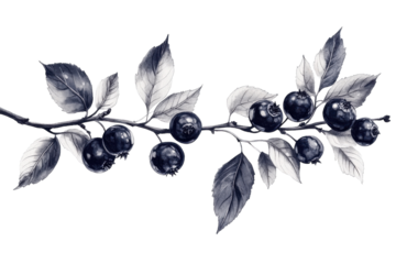 Black currant branch with berries and leaves showcasing detailed botanical illustration in monochrome tones