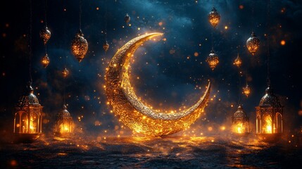 Golden Crescent Moon Surrounded by Glowing Lanterns and Sparkling Particles, Symbolizing Ramadan and Spiritual Beauty
