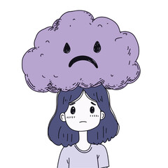 Cartoon person with sad face cloud overhead.