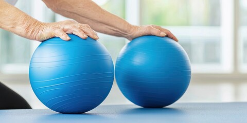 Long-Term Care concept. A close-up view of hands on two blue exercise balls, highlighting fitness and balance in a bright, modern environment.