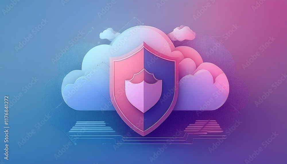 Poster a colorful shield symbolizing security and protection over clouds, representing cybersecurity and cl