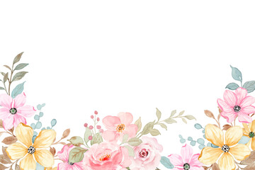 Watercolor floral seamless border frame on white background.