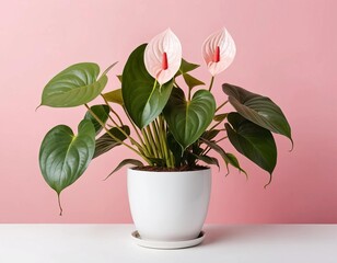 Obraz premium A white table with a pink background and an Anthurium plant in a white flowerpot