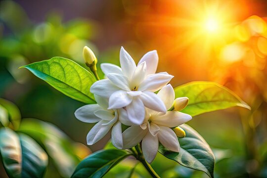 Low-light jasmine photography showcasing mogra, the national flower of India and the Philippines; also called chameli, mallika, jui, and jai.
