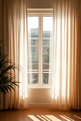 Sunlight illuminating curtains and hardwood floor in modern apartment