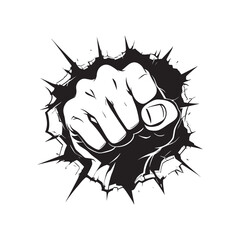 Hand Punching Wall Vector Illustration – Striking Silhouette Design Featuring a Powerful Fist Breaking Through with Cracks on the Wall, Perfect for Posters, Logos, Digital Art, Branding, and Dynamic G