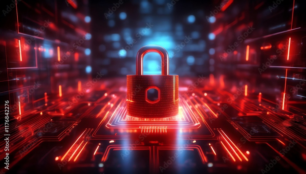 Poster a digital lock stands prominently in a glowing circuit background, symbolizing cybersecurity and dat