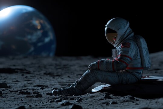 Lonely astronaut sitting on moon surface contemplating earth