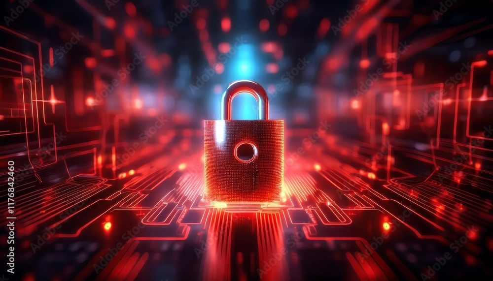 Poster a digital lock surrounded by glowing circuits, symbolizing cybersecurity and data protection in a fu