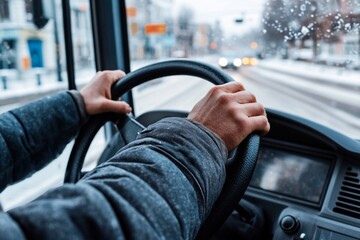 Winter driving, city street, snowy, hands on wheel, transportation