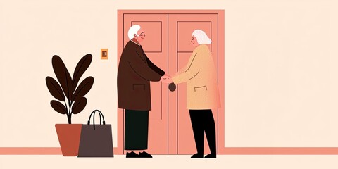 Two elderly people greet each other warmly at a door, suggesting friendship and connection, with a potted plant and bags nearby.