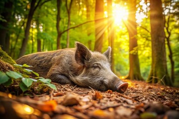 Aerial Drone Shot of Wild Pig Sleeping Peacefully in Forest Habitat