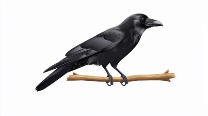 Fototapeta premium Black raven bird on branch illustration white background art