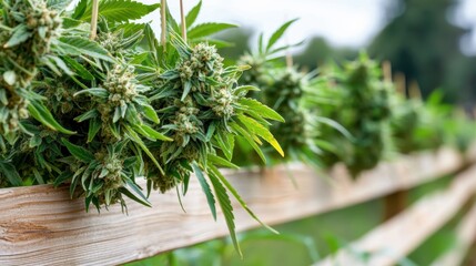 Fototapeta premium Cannabis buds drying in rows natural farm real photograph outdoor