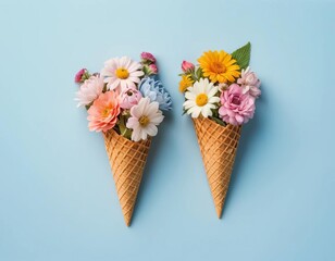 A waffle cone filled with colorful flowers on a pastel blue background