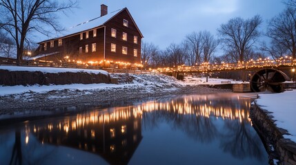 Winter gristmill, lights, river reflection, snowy scene, holiday