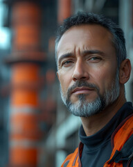 Obraz premium A focused industrial engineer in an orange jacket and scarf gazes thoughtfully, with an industrial setting in the background, representing expertise and leadership in heavy industry
