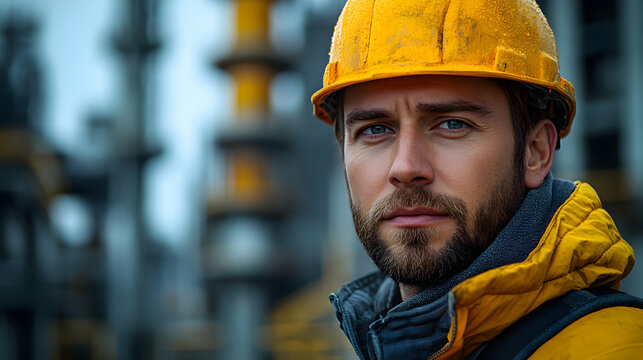 A focused engineer wearing a yellow helmet stands against industrial chimneys emitting smoke, highlighting his role in managing operations and the intersection of expertise and heavy industry