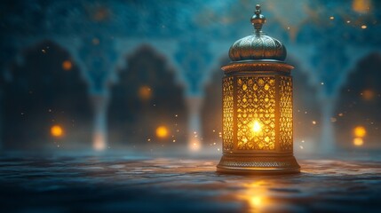 Golden Arabic Lantern with Intricate Patterns Glowing on a Reflective Surface, Mosque Architecture in the Background, Symbolizing Ramadan
