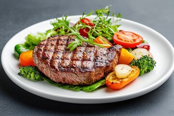 Grilled Steak with Vegetables: A perfectly grilled steak, seared to perfection, rests on a bed of fresh, colorful vegetables, a symphony of textures and flavors.  