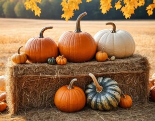 A still life of pumpkins and gourds on a hay bale with a warm autumn sun in the background