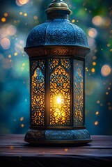 Traditional Arabic Lantern with Intricate Patterns Illuminated on a Wooden Surface, Soft Bokeh Background, Symbolizing Ramadan
