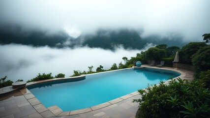 Obraz premium Misty Pool, Dreamy Landscape, Stunning Colors, Swimming Pool in Fog, Outdoor Oasis, Serene Scene, AI Art, Photorealistic, Digital Painting