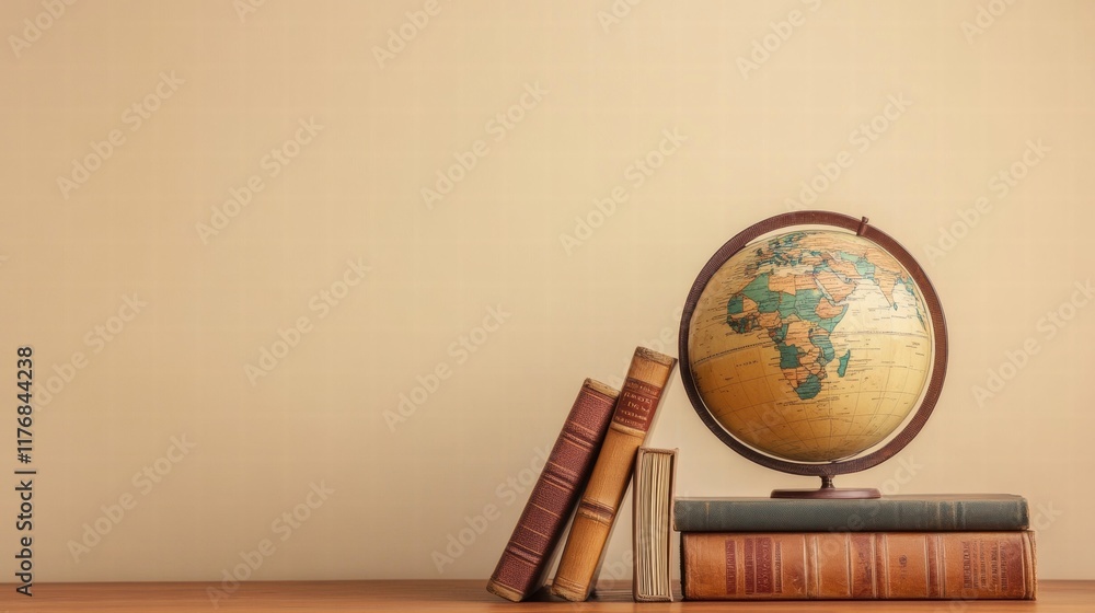 Poster classic globe and stacked travel guidebooks create a cozy travel themed workspace for wanderlust ent