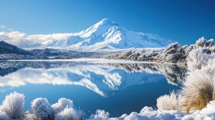 Obraz premium Snow-capped mountain reflected in a pristine lake, winter landscape.