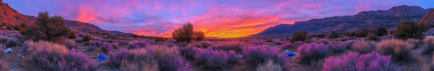 Obraz premium Vibrant sunset paints the sky over a serene desert landscape, purple bushes and red mountains creating a breathtaking panorama.