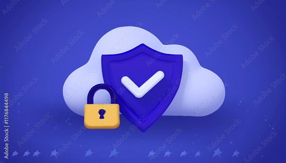 Poster a cloud icon featuring a shield and padlock, symbolizing security and protection for digital data in