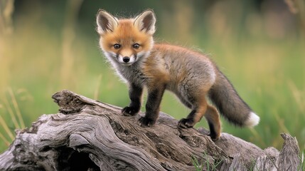A baby fox is standing on a log in a grassy field