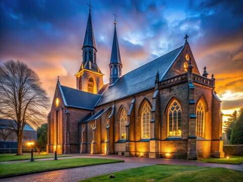 Night descends on Oisterwijk, revealing the gothic church's dramatic silhouette against the rural Dutch landscape.