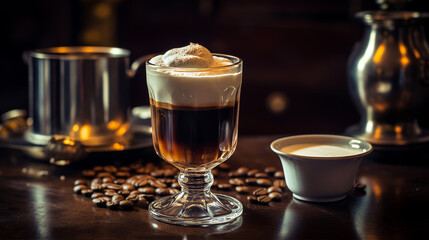 Glass of Irish Coffee With Cream and Whiskey on a Wooden Table