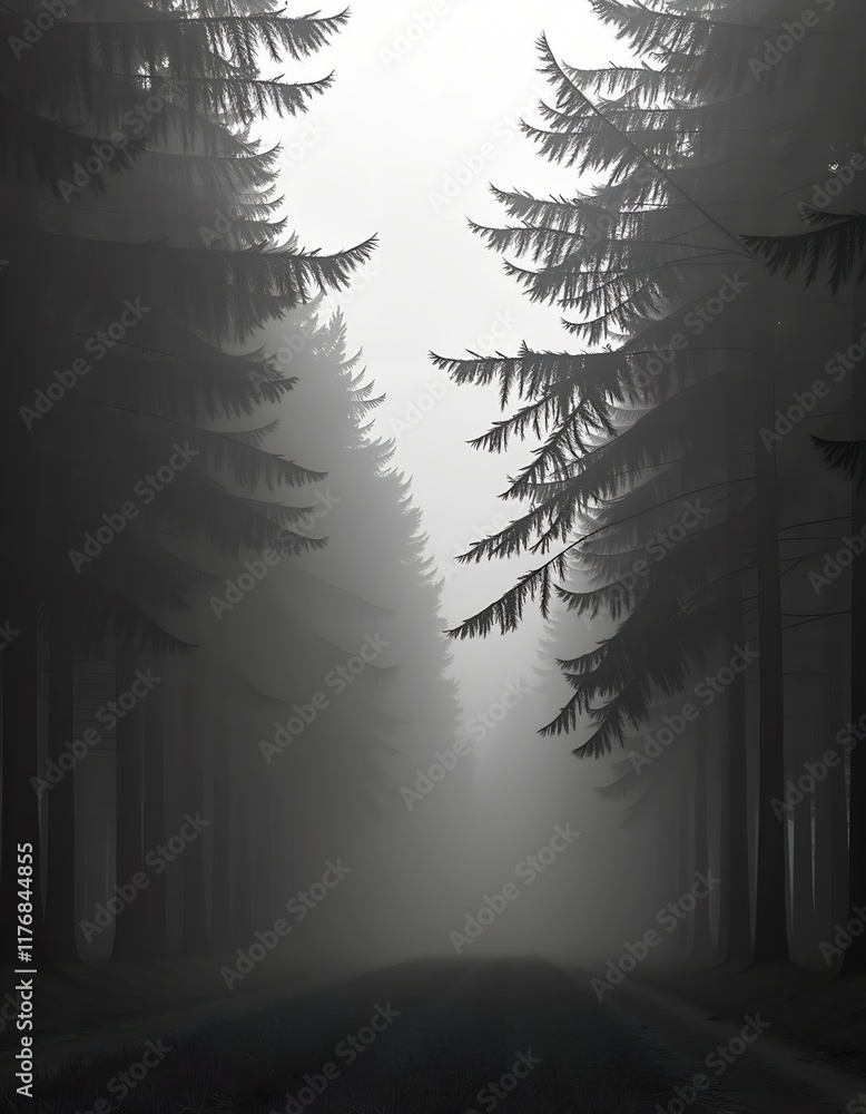Poster misty forest path disappearing into the fog. tall, dark trees line a mysterious road, creating an at