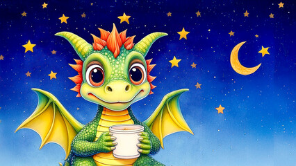 Fototapeta premium A cute cartoon of baby dragon drink milk, legend of tale for kid.