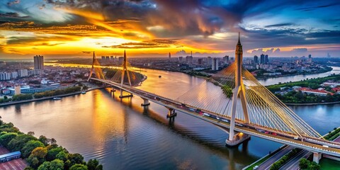 Obraz premium Aerial View of Bhumiphol Bridge Spanning Chao Phraya River, Thailand