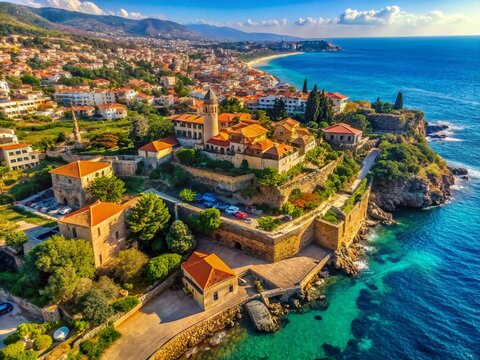 Aerial View of Byblos, Lebanon: Crusader Castle & Mediterranean Sea Drone Photography