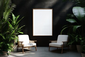 Empty frame poster mockup in a minimalist interior dark living room with armchairs and potted plants	