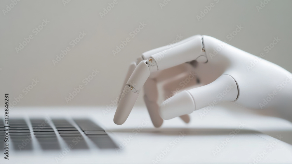 Poster robotic hand interacting with laptop keyboard, symbolizing technology and innovation in automation. 