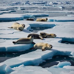 Fototapeta premium Seals lounging on drifting ice floes.