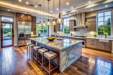Aerial View of Modern Luxury Kitchen Island, Open Plan Design, Granite Countertops, Stainless Steel Appliances