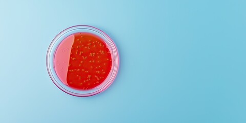 A vibrant dish of red caviar in a glass bowl against a soft blue background.