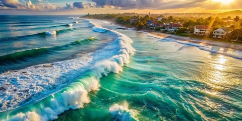 Aerial View of Powerful Waves Crashing on Seminyak Beach, Bali - Turquoise Ocean